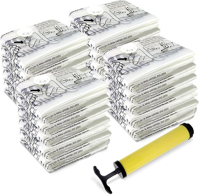 20 Vacuum Sealer Bags – Compression Bags for Travel, Clothes, and Blanket Storage – Airtight Space Saver Pouches in 4 Sizes and Pump by Home-Complete