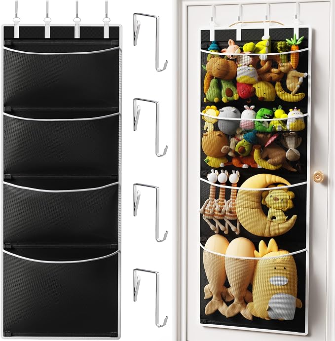 Over the Door Hanging Organizer, Extra-Large Door Storage Organizer with 4 Deep Mesh Pockets, Space-Saving Hanging Storage for Bedroom & Home Organization, Black