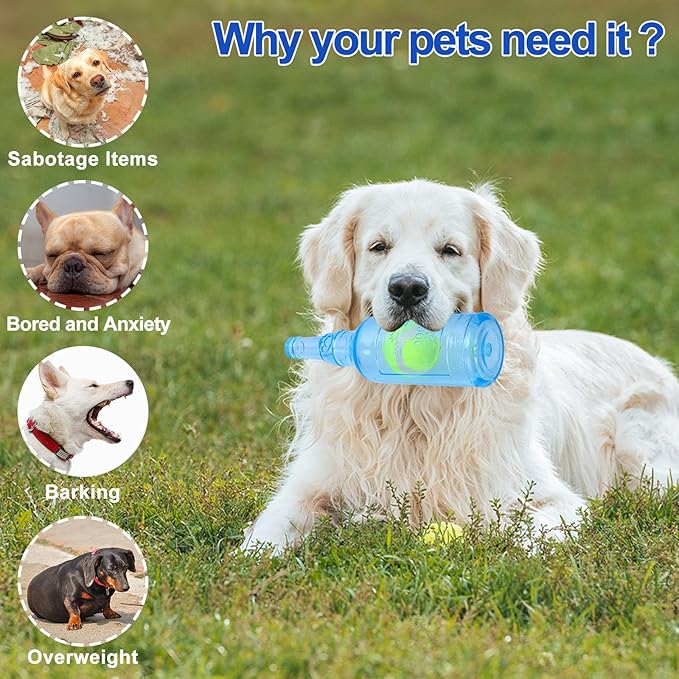 QTLJJBY Squeaky Ball in Bottle Dog Toy, TPR Wine Bottle with Tennis Ball Inside Toy for Puppy (Blue, Small)