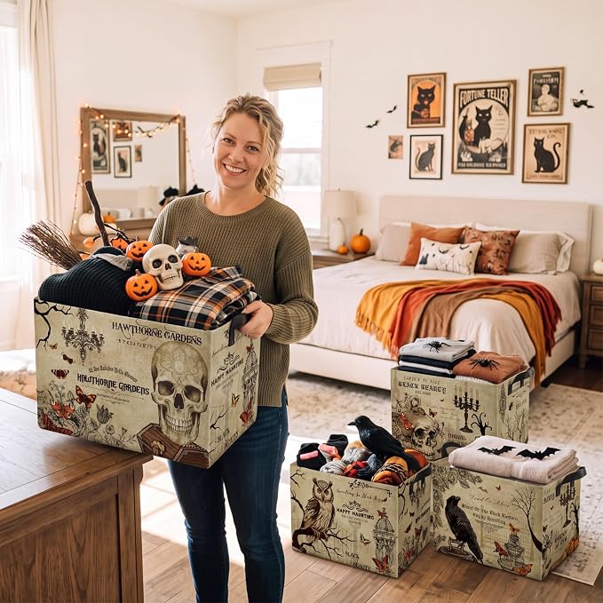 4 Pcs Vintage Halloween Storage Basket for Gifts Large Retro Gothic Themed Storage Bins with Handles 15 x 10 x 8 Fabric Laundry Baskets Halloween Collapsible Organizer Boxes for Home Cloth Toy