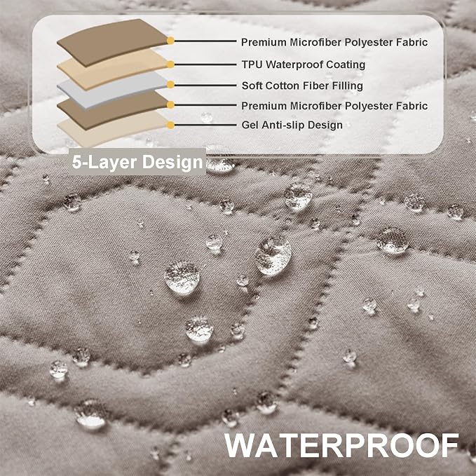 Recliner Armrest Cover with Headrest, Chair Armrest Slipcover with Side Pockets, Water-Resistant, Non Slip Furniture Protector for Pets (Khaki,2 Seater 4PCS)