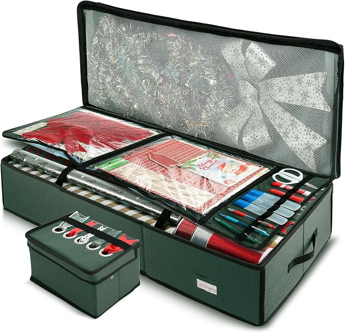 Hearth & Harbor Wrapping Paper Storage Container with Ribbon Storage Organizer - Christmas Storage Bag with Extra Interior Pockets - Gift Wrapping Organizer Storage Fits Up to 26 Rolls of 40" Length