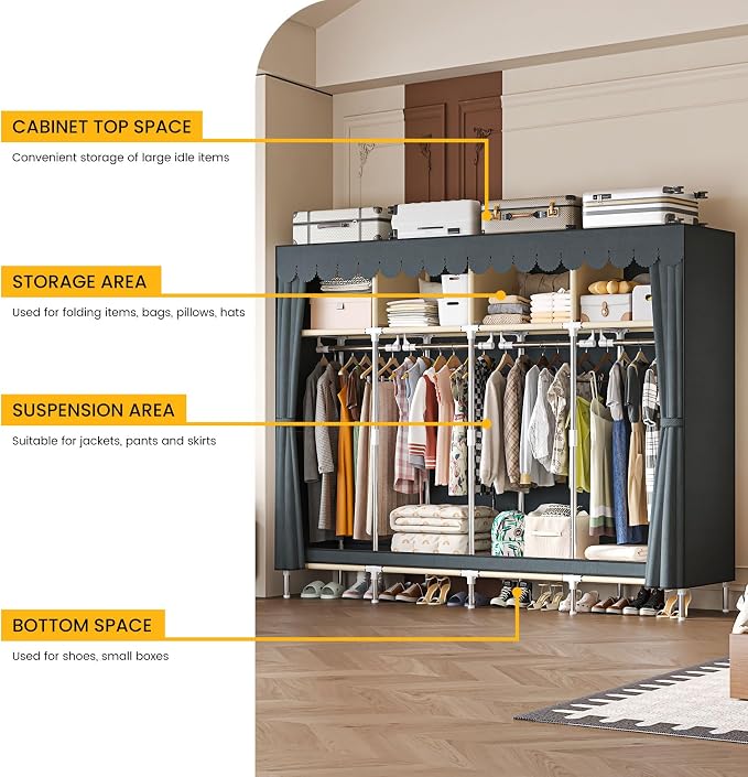 Large Portable Armoire Wardrobe Closet with 4 Hanging Rods and Lockers,Metal Storage Wardrobe Clothes Rack with Dust Cover for Clothes,16.7 in Wide,Bedroom,Gray (Grey, 77.5 in)