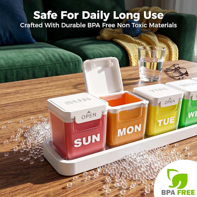 ODARO Extra Large Weekly Pill Organizer Once A Day - Color | Large Capacity, Big Font, Wide Opening Easy to Use, Detachable Portable, Spill Proof, BPA Free