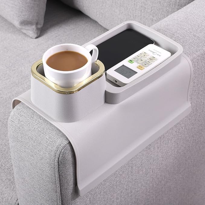 HMASYO Couch Cup Holder Tray – Weighted Silicone Sofa Armrest Organizer Table with Anti-Spill Coaster, Easy Reach for Drink, Snacks, Remote & Phone, Non-Slip Base, Easy Clean