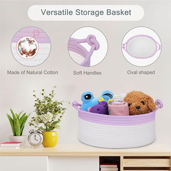 COMSE Small Gift Basket Empty with Bag & Ribbons, Purple & White | Cotton Rope, 12"x 8"x 5", Pet Toy Storage Organizer, Woven Basket for Birthdays, Baby Showers, Mother’s Day, Valentine’s Day