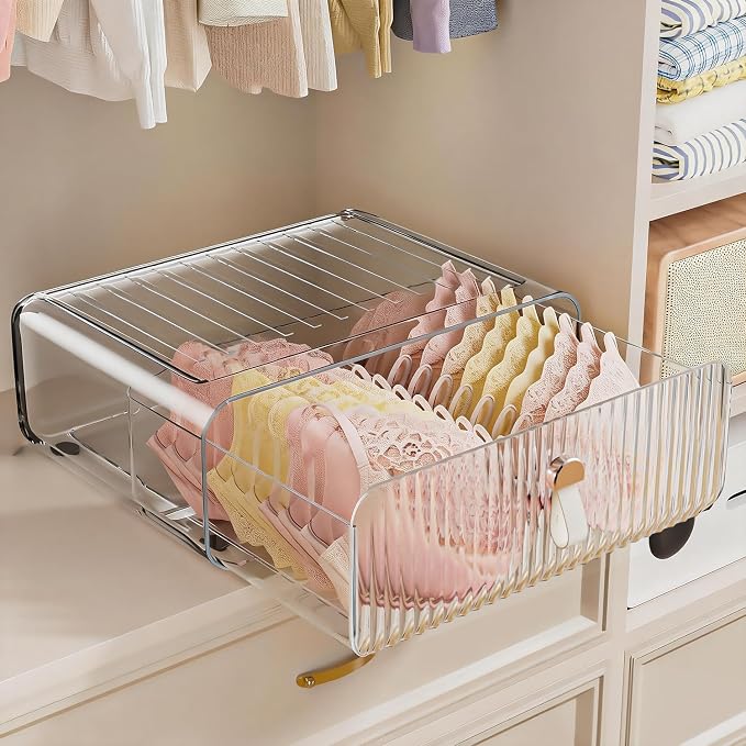 Underwear Drawer Organizer - Stackable Bra Organizer for Closet, 1 Cell Clear Acrylic Bra Storage Box, Closet Organizers and Storage for Lingerie, Undergarment, Baby Clothes, Scarf