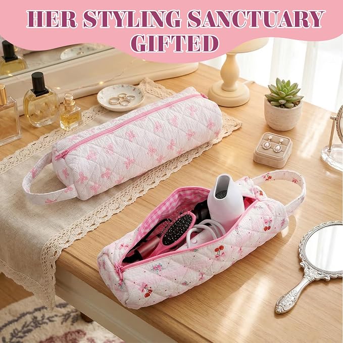 JJUNW 1 Pc Hair Tools Organizer Bag with Bow Pattern, Travel Bag Quilted Cosmetics Toiletry Organizer, Portable Pink Haircare Accessories for Curling Irons, Flat Irons, Hair Dryers Tools(Type 2)