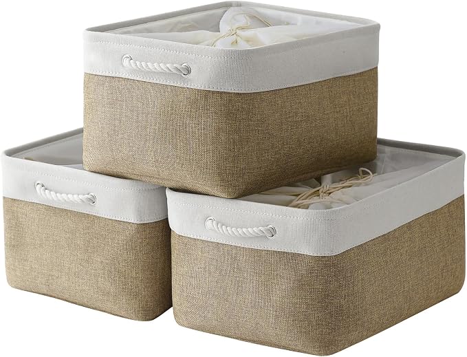 Organization and Storage Basket for Organizing - X Large - 3 Pack 17.7L×13.8W×9.8H in Collapsible Storage Bin for Shelves, Fabric Basket for Gifts Organizer Toy Closet (White & Khaki)