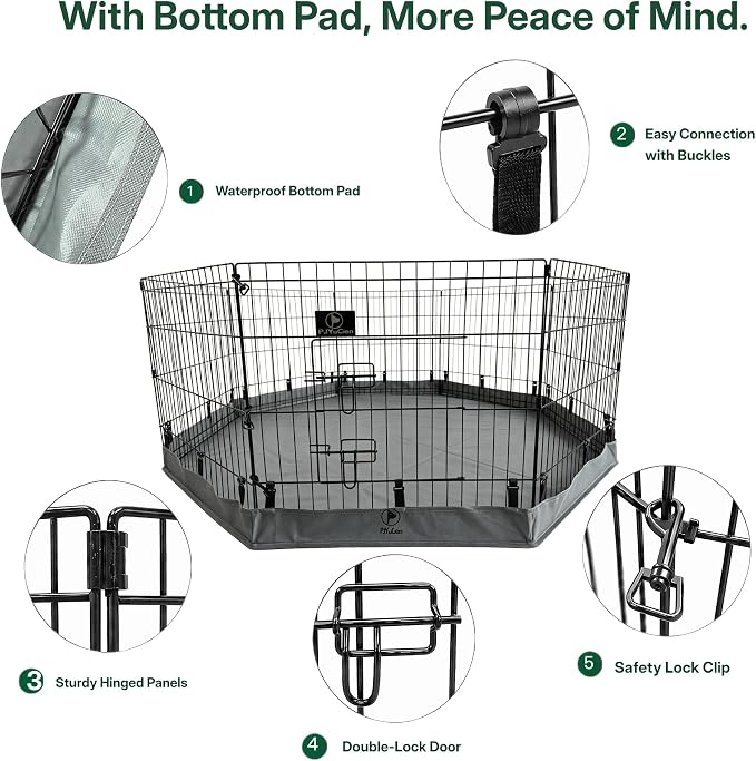 PJYuCien Puppy Playpen with Bottom Pad and Door, 8 Panels 30" H, Gray | 24"W, Dual-function Pad, For Small Pets, Foldable Octagonal Pen, Versatile, Indoor & Outdoor, Backyard, Protects Floors