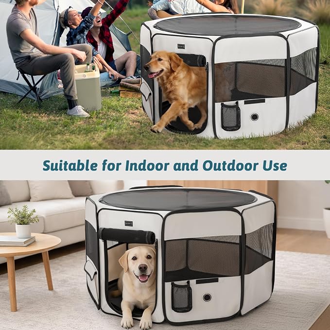 PETSFIT Portable Dog Playpen 45", Removable Waterproof Mat, Zippered Roof | Jump-proof, Collapsible Storage, RV Camping Travel, Indoor Outdoor Use, Large Dogs and Cats, 45.5"L x 45.5"W x 28.5"H