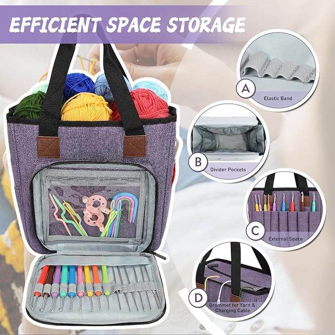 Crochet Bag Organizer for Crocheting, Knitting Yarn Bag Tote On The Go | Crochet Storage Bag for Knitters Supply, Crochet Gifts for Women, Birthday Gifts, Only Bag No Accessories (Purple)