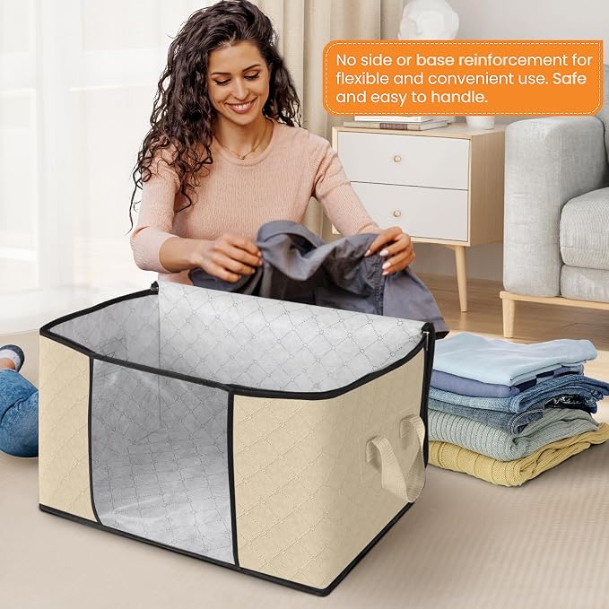 3 Pack Storage Bags for Clothes Blanket Storage Bins with Lids | Foldable Closet Organizers with Zippers,Window and Handles,Fabric Storage Bins for Sweater,Comforter,Bedding,Dorm essentials
