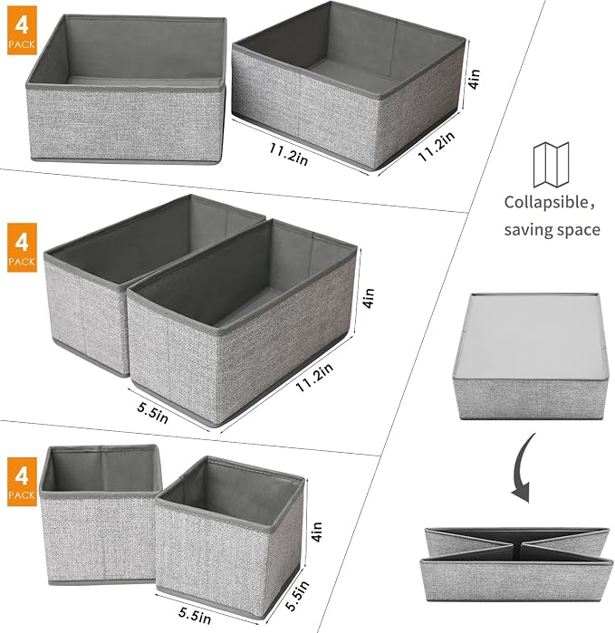12 Pack Drawer Organizers for Clothing, Foldable Clothes Storage Box Closet Dresser Drawer Organizers Dividers, Bedroom Organization Fabric Bins for Baby Clothes Underwear Sock Bra Ties (Grey)