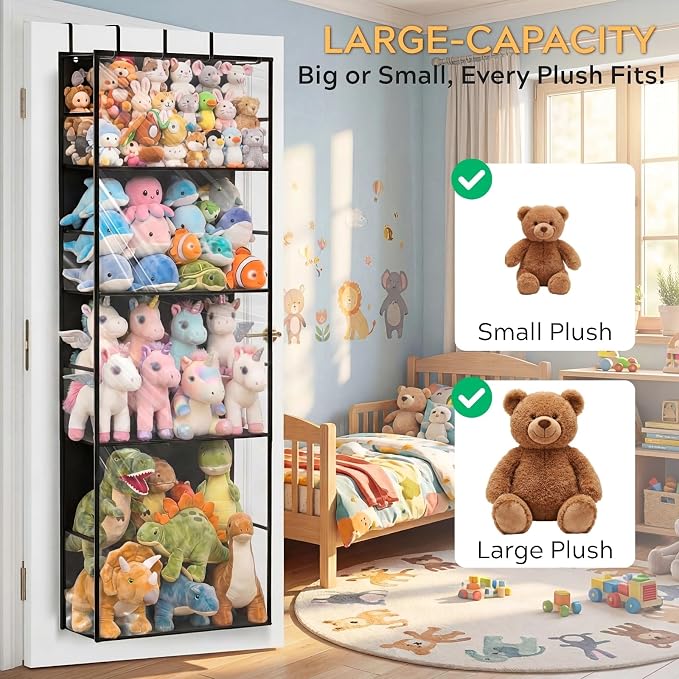 Over the Door Stuffed Animal Storage with Clear Dust Cover | 4 Tier Extra Large Hanging Toy Organizer for Plush Toys, Nursery Bedroom and Kids Room Storage