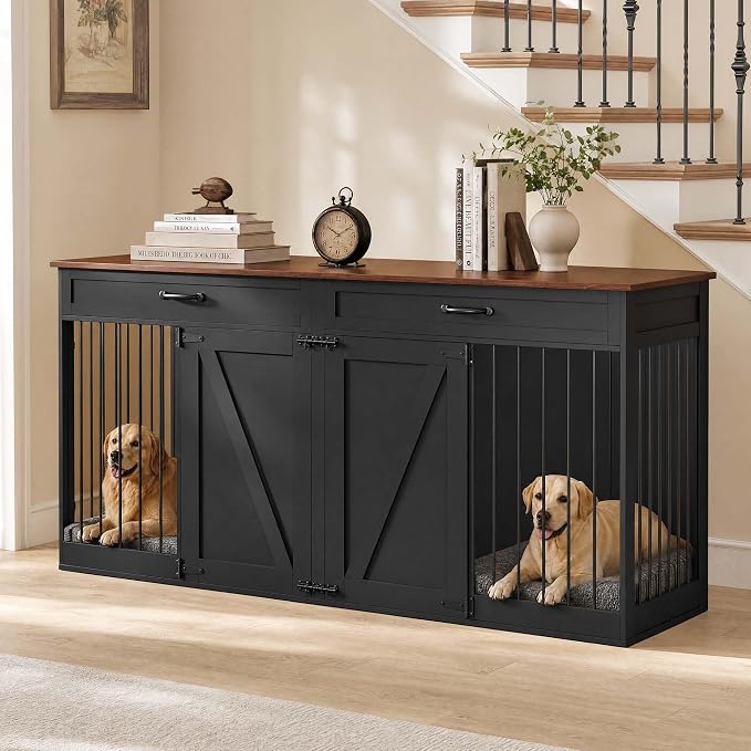 71'' Double Dog Crate Furniture for 2 Dogs, Dog Crate with 2 Drawer | Farmhouse Dog Crate TV Stand with Removable Divider Dog Kennel Furniture, Heavy Duty Dog Cage and TV Stand for Large Mediu