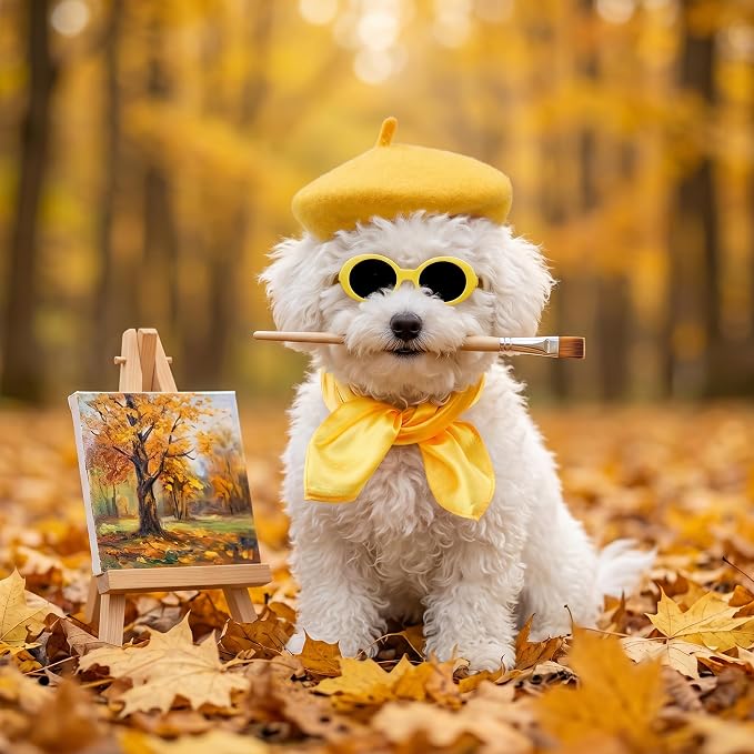 Dog Beret Set Including Dog Beret Satin Scarf Funny Glasses Pet French Artist Beanie for Small Dogs Cats Halloween Christmas Cosplay Party (Yellow)