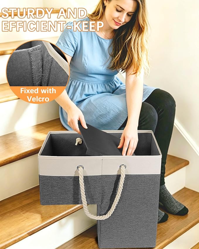 LHZ.K Stair Basket with Removable Divider & Sturdy Handles,1pcs Grey | 16" Rigid Foldable Stair Storage Basket for Carpeted & Wooden Stairs, Large Capacity for Laundry, Toy, Pet Supplies & Clutter