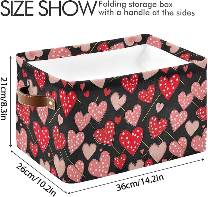 Wamika Happy Valentine's Day Black Storage Basket with Waterproof Liner and PU Handles Red Polka Dot Love Heart Pink Storage Bins Boxes 14.2" Collapsible Decorative Baskets for Bedroom Closet 2 Pack