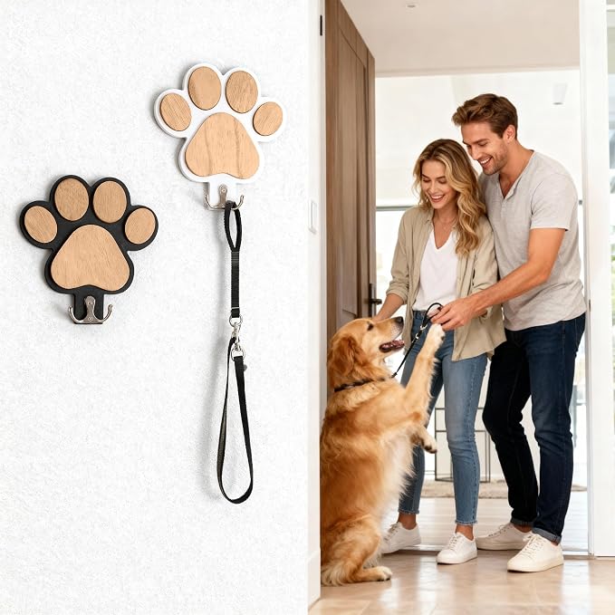 2-Pack Dog Leash Holder, Wooden Paw Wall Hooks for Entryway | Paw-shaped panels add playful pet decor, helping dog owners organize daily essentials without cluttering tables or floors