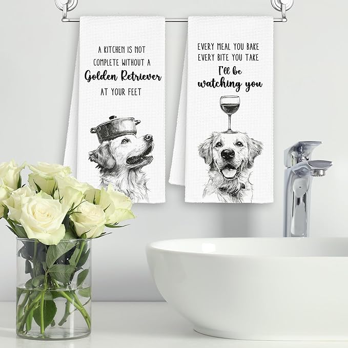 Funny Dog Golden Retriever Kitchen Towels Set of 2, Every Meal You Bake Hand Towels Decor for Bathroom, Cute Dish Towel Gifts for Dog Lovers, Rustic Tea Bar Waffle Towel for Dorm 16x24in
