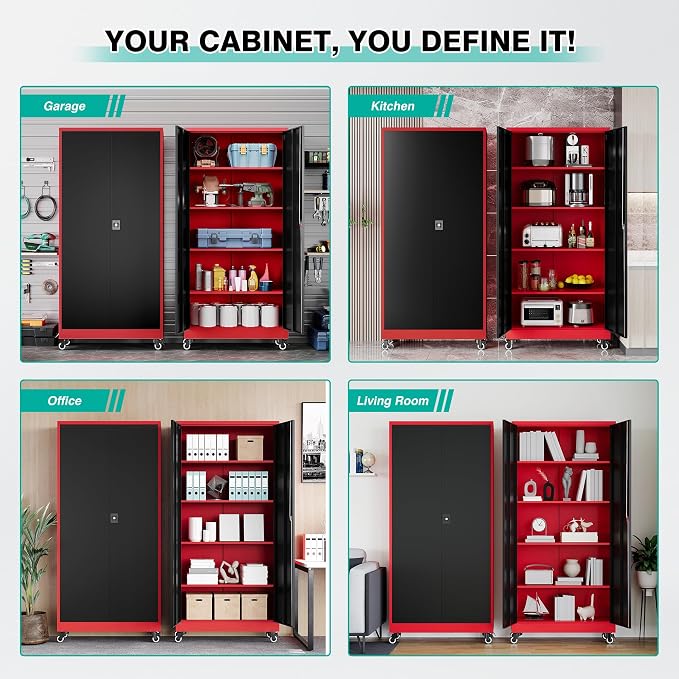 75" Tall Metal Storage Cabinet with Wheels,Rolling Garage Storage Cabinet with Lock,Red Metal Cabinets on Wheels,Locking Tool Cabinets on Wheel for Garage,Home,Office,Shop