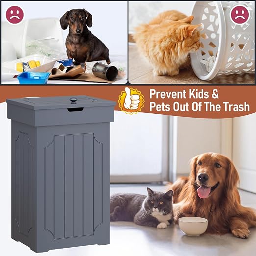 Function Home Trash Can Cabinet, 13 Gallon Kitchen Garbage Can, Wood Recycling Trash Bin, Freestanding Dog Proof Trash Can, Farmhouse Trash Cabinet with Lid for Home Kitchen Bathroom, Grey