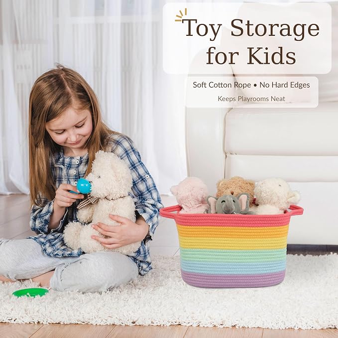 XUANGUO Woven Cotton Rope Storage Basket with Handles 13x10x9 inch Rainbow | Woven cotton rope basket for shelves and closets. Perfect for toys, books, clothes, nursery storage and gift baskets