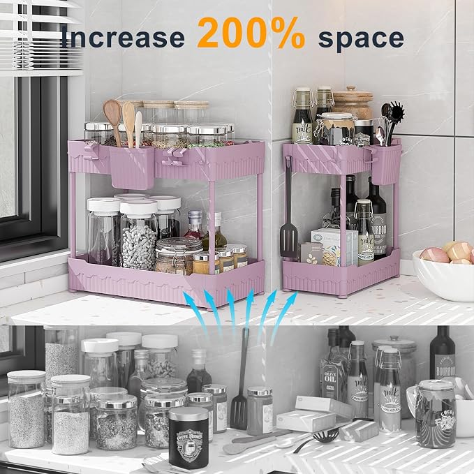 2-Pack Under Sink Organizer with Hooks & Hanging Cup for Kitchen | Multi-use kitchen & bathroom storage, 14.8 inch pink cabinet organizer, with hooks and hanging cup for easy access.