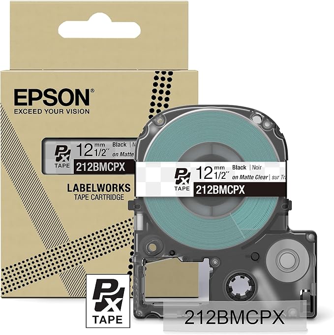 Epson LABELWORKS 212BMCPX Label Tape - Black on Matte Clear - 1/2" (12mm) | Genuine Epson designer craft PET tape for LW-C410PX & C610PX, decorative finish for crafts & decor