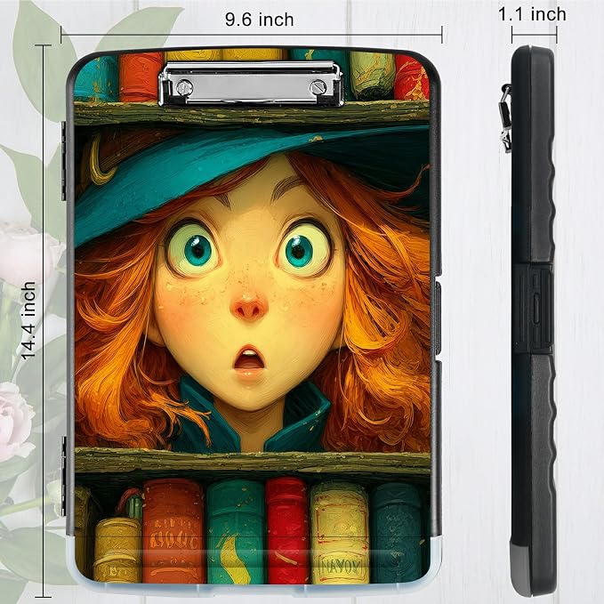 A4 Clipboard with Storage Pen Holder, Clipboards Organizer Nursing Clipboard Foldable File Folder Plastic Clipboard Folio Clip Board for Office Work Classroom Doctor, Colorful Book Girl