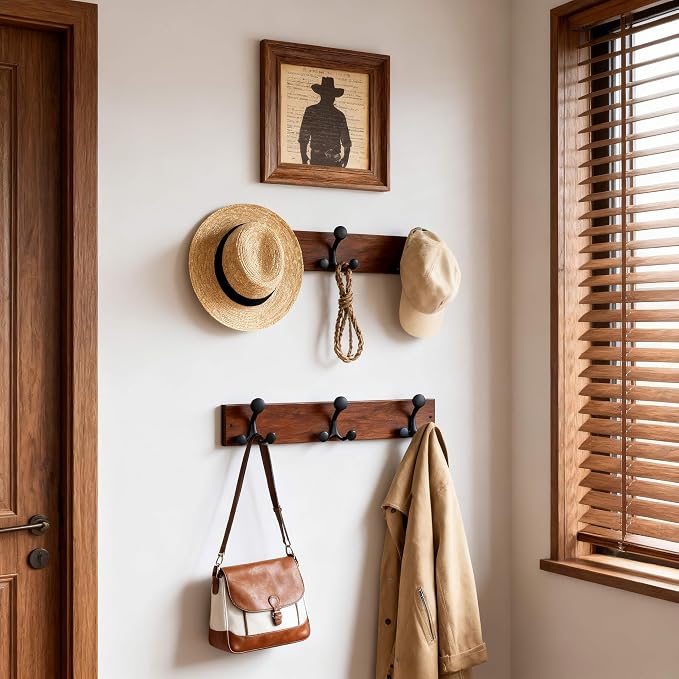 SKOLOO 17-Inch Wood Coat Rack Wall Mount with 3 Triple Hooks - Ideal for Family Entrances, Classrooms, and Pet Supplies Storage - Perfect Coat Hooks for Wall,Mahogany (Sapele), Pack of 2