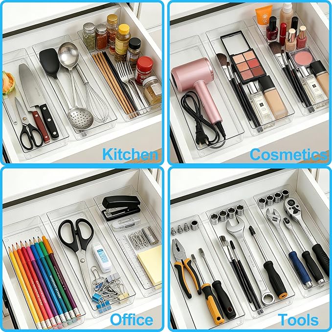 Manalete 14 Pcs Plastic Drawer Organizer with 2 pcs 15"x6" Vanity Organizer | Durable Clear PET Storage Bins Tray for Desk, Kitchen & Bathroom, Office, Makeup, Tools, Easy Clean, Stackable, BPA-Free