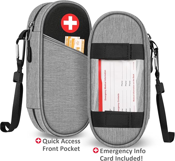 SITHON EpiPen Medical Carrying Case Insulated, Travel Medication Organizer Bag Emergency Medical Pouch Holds 2 EpiPens, Asthma Inhaler, Anti-Histamine, Auvi-Q, Allergy Medicine Essentials, Gray/Black | Emergency Medical Travel Pouch Holds 2 EpiPens, As...