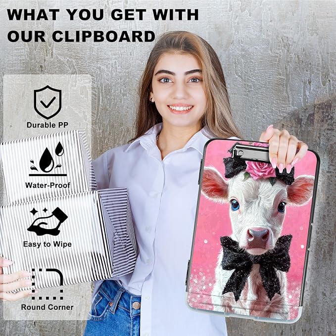 A4 Clipboard with Storage Pen Holder, Clipboards Organizer Nursing Clipboard Foldable File Folder Plastic Clipboard Folio Clip Board for Office Work Classroom Doctor, Pink Flower White Cow