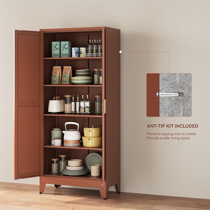 YAUWOH 71''Metal Cabinet with 4 Adjustable Shelves,5-Tier Pantry Storage Cabinet,Kitchen Pantry Cabinet for Living Room,Dining Room(1PC,Brown)