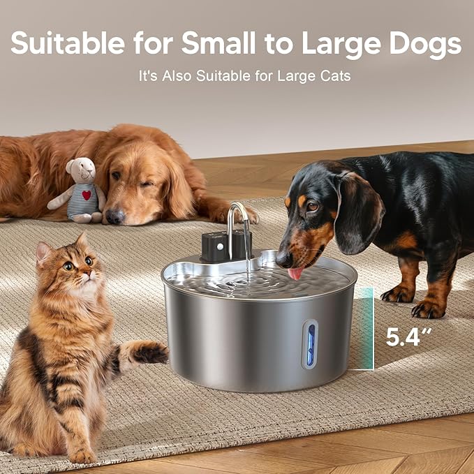 Voluas Dog Water Fountain: 1.8Gal/7L Wireless Stainless Steel Dog Fountain Bowl for Small to Large Dogs, Battery Operated Pet Water Dispenser Indoor with Ultra-Quiet Pump, Easy Clean, 3 Filter