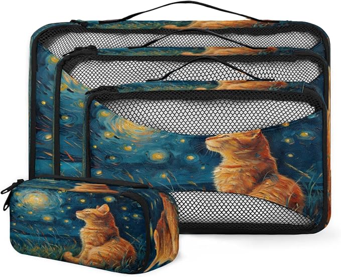 4 Set Packing Cubes for Travel, Cat Packing Cubes for Women, Travel Luggage Packing Organizers, Packing Cube Set, Cat Galaxy