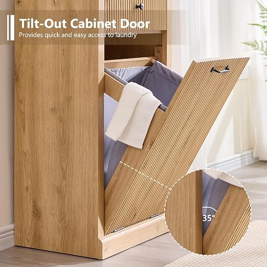 IFGET Tilt-Out Trash Can Cabinet, Fluted Laundry Hamper Cabinet,Natural Oak