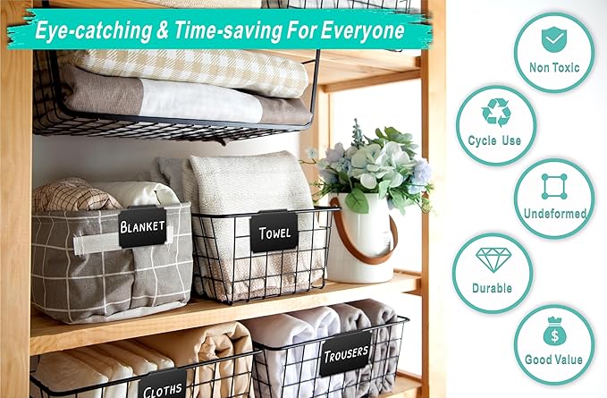 54-Piece Set of Basket Labels Clip On For Storage Bins: 20 Erasable Plastic Kitchen Pantry Labels, 32 Removable PVC Tag Stickers, 2 White Chalk Markers, For Organization Container, Jar, Shelf, Laundry | 20 Washable Plastic Kitchen Pantry Labels & 32 Re...