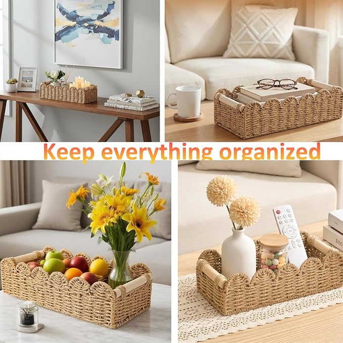 2PCS Paper Rope Scalloped Edge Toilet Paper Storage Basket for Bathroom | Basket for Over Toilet Shelves Storage Containers for Bathroom Decor Baskets for Toilet Storage Home Decor