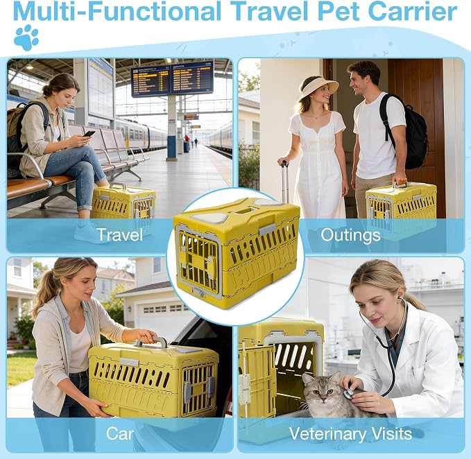 Collapsible Cat Carrier Hard, Plastic Hard-Shell Pet Carrier Travel | Front Door with Double Squeeze-Latch System, 4-Sided Ventilation, Fits Pets Up to 22 lbs, Size 22"L x 13"W x 14.6"H