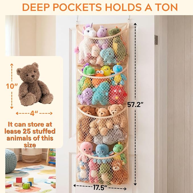 Cotton Over The Door Stuffed Animal Storage | Toy Organizer for Storage Plush Toys, Stuffed Animal Holder with 4 Large Pockets, Hanging Door Organizer for Nursery