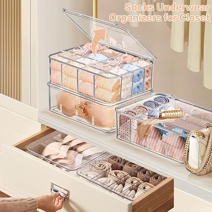 Sock Underwear Organizer, 16 Compartment Adjustable Dividers Tie Socks Underwear Drawer Organizers for Closet, Clear Plastic Storage Containers Box with Lids for Ties Scarf Socks Bras
