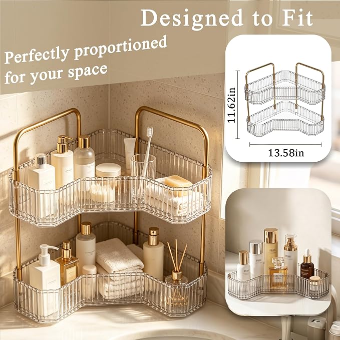 2-Tier Corner Bathroom Organizer, Skincare Vanity Counter Shelf Clear | Premium PET Perfume Display Stand with Gold Metal Rods, Space-Saving 90 Degree Storage Rack for Dresser