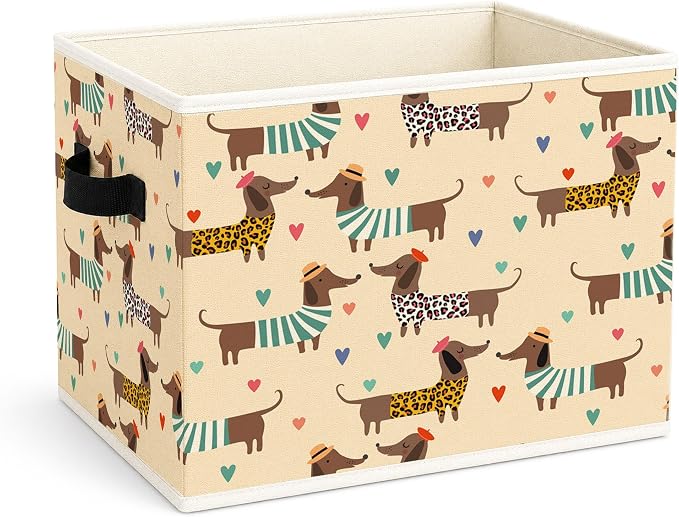 Cute Dachshund Heart Foldable Fabric Storage Bin for Kids Room | Cute dachshund and heart pattern; foldable basket for toys, books, clothes in kids room, nursery, bedroom, or playroom.