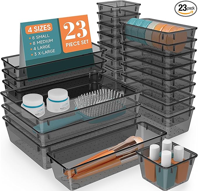 23 PCS Plastic Drawer Organizers Set, 4 Size Desk Drawer Organizer Trays | 4 Size Desk Drawer Organizer Trays for Makeup, Jewelry, Kitchen Utensils, Gadgets and Office
