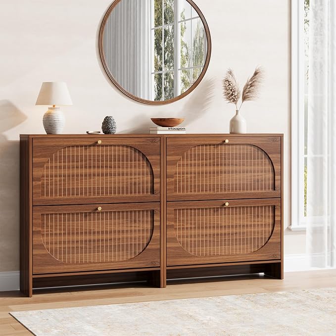 Arch-Chic Shoe Cabinet for Entryway, Modern Mid-Century Shoe Storage Cabinet with Fluted, Narrow Shoe Rack with Adjustable Shelves & Tipping Protection, Fits Size 12+ Shoes,Luminous Walnut