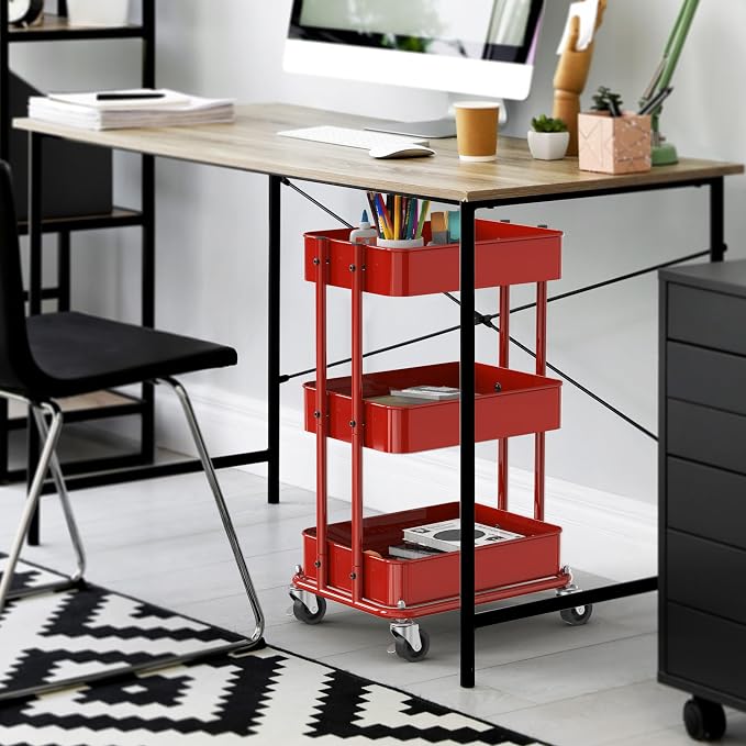 Simple Houseware 3-Tier Utility Cart, Low 24" Height Fits Under Desk, Red | Compact & Lower Height Great for Under-Desk Space-Saving Storage for Home Office, Dining Room, or Kitchen