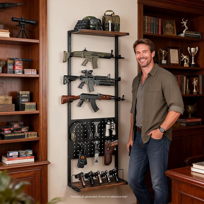 Indoor Gun Rack for Wall, Premium Wood & Metal Rifle Rack & Pistol Holder | Gun Wall Mount Display with Pegboard & Shelf, Versatile Storage for Shotgun Sword Bow for Home Gun Room, Garage and Man Cave